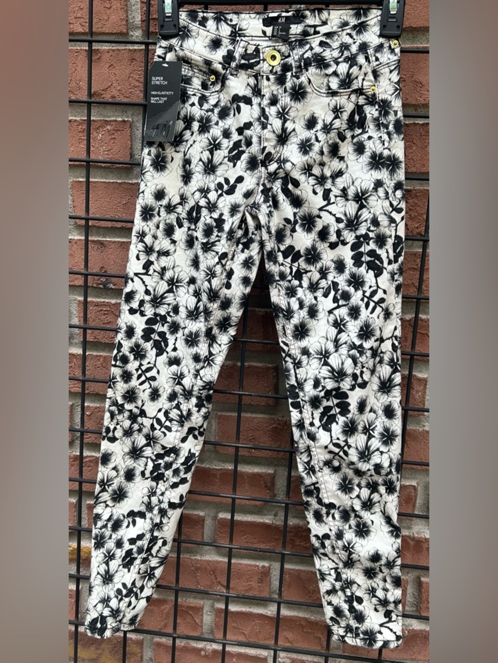 H&M Black Floral Print Jeans on White NWT